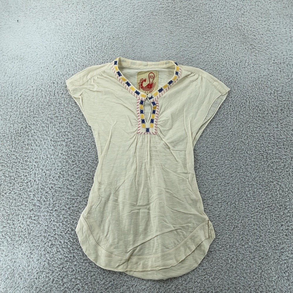 Free People Shirt Womens XS Ivory Embroidered Contrast Smocked Split Henley Boho